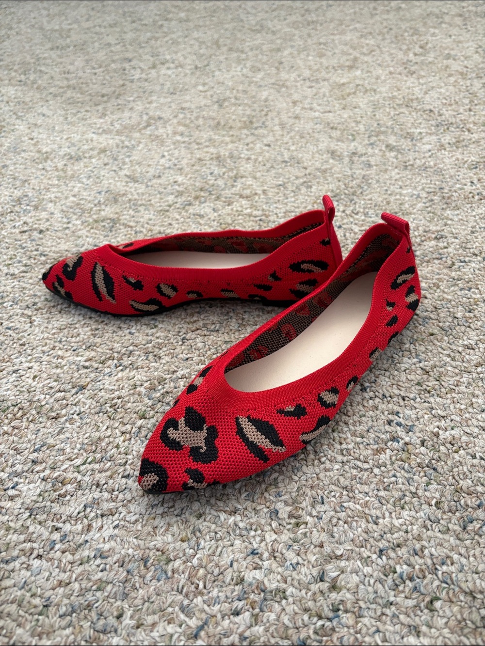 Red Leopard Knit Pointed Toe Ballet Flats